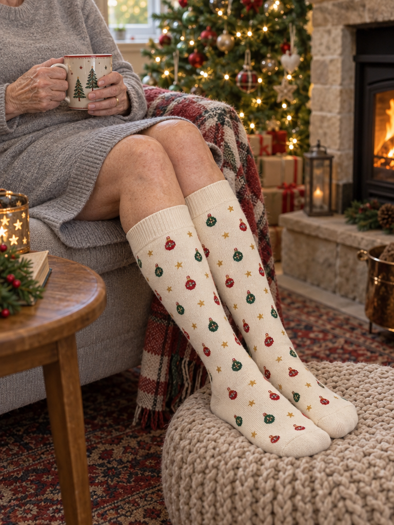 Woman by the fireplace wearing Kindly Merry & Bright knee-high socks