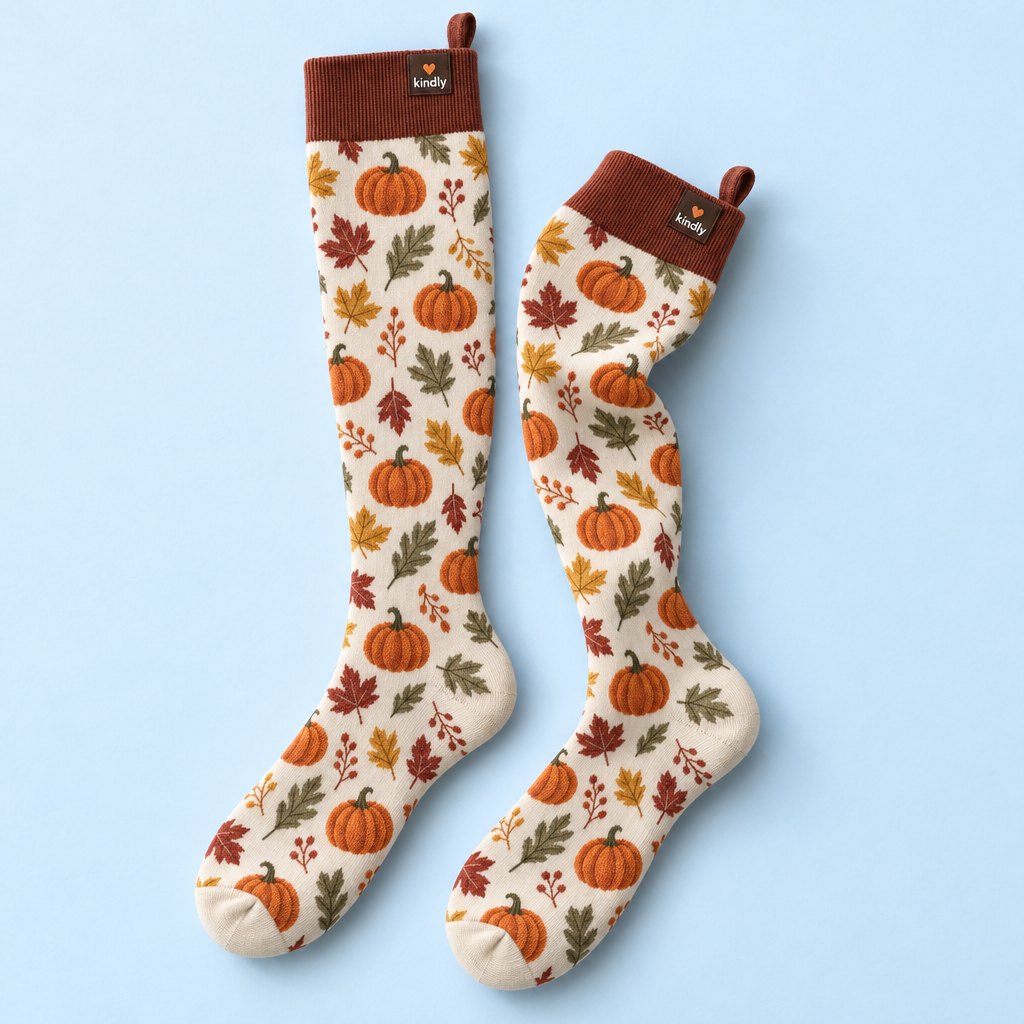 Pumpkin Spice Kindly knee-high compression socks, orange pumpkins and leaves on cream, with the pull loop at the back of the cuff
