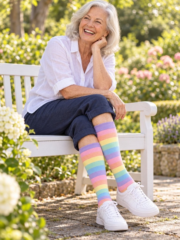 Rainbow Stroll Kindly compression socks worn knee-high