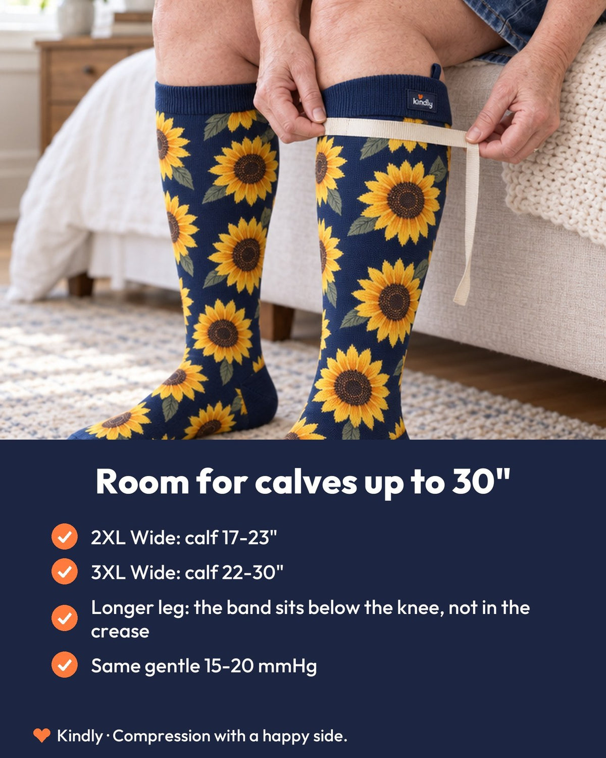 Room for calves up to 30": 2XL Wide: calf 17-23"; 3XL Wide: calf 22-30"; Longer leg: the band sits below the knee, not in the crease; Same gentle 15-20 mmHg