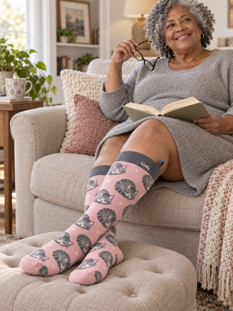 Plus-size woman relaxing on a sofa with her feet on an ottoman, wearing Kindly Roomy Fit socks