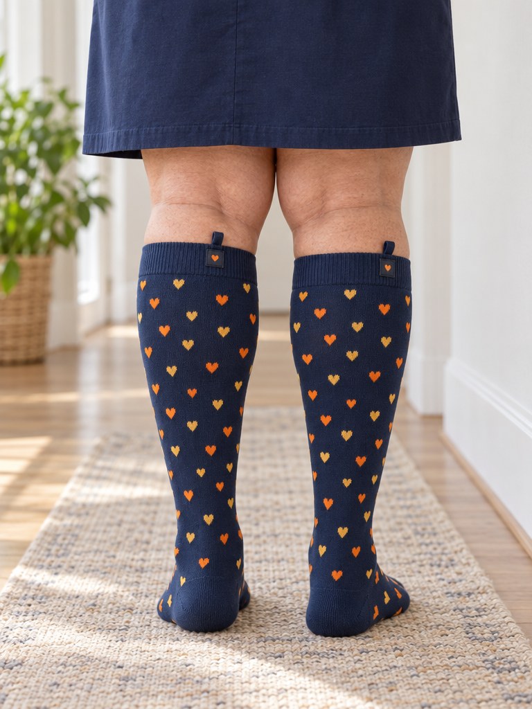 Back view of fuller calves in Kindly Roomy Fit knee-high socks, showing the band sitting just below the knee crease and the pull loop
