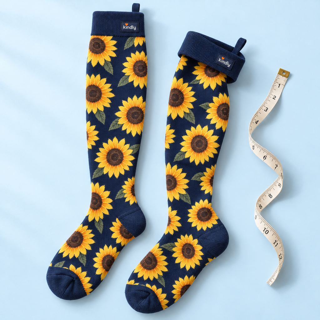 Kindly Roomy Fit wide-calf compression socks in Sunny Days print with a tape measure
