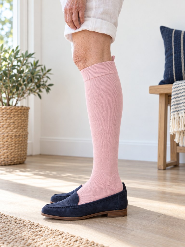 Side profile of a leg wearing a Kindly Soft Pastels knee-high sock in Blush