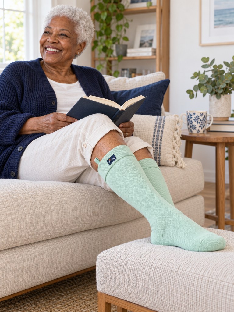 A smiling woman on a sofa wearing Kindly Soft Pastels knee-high socks in Mint, feet up on a footstool