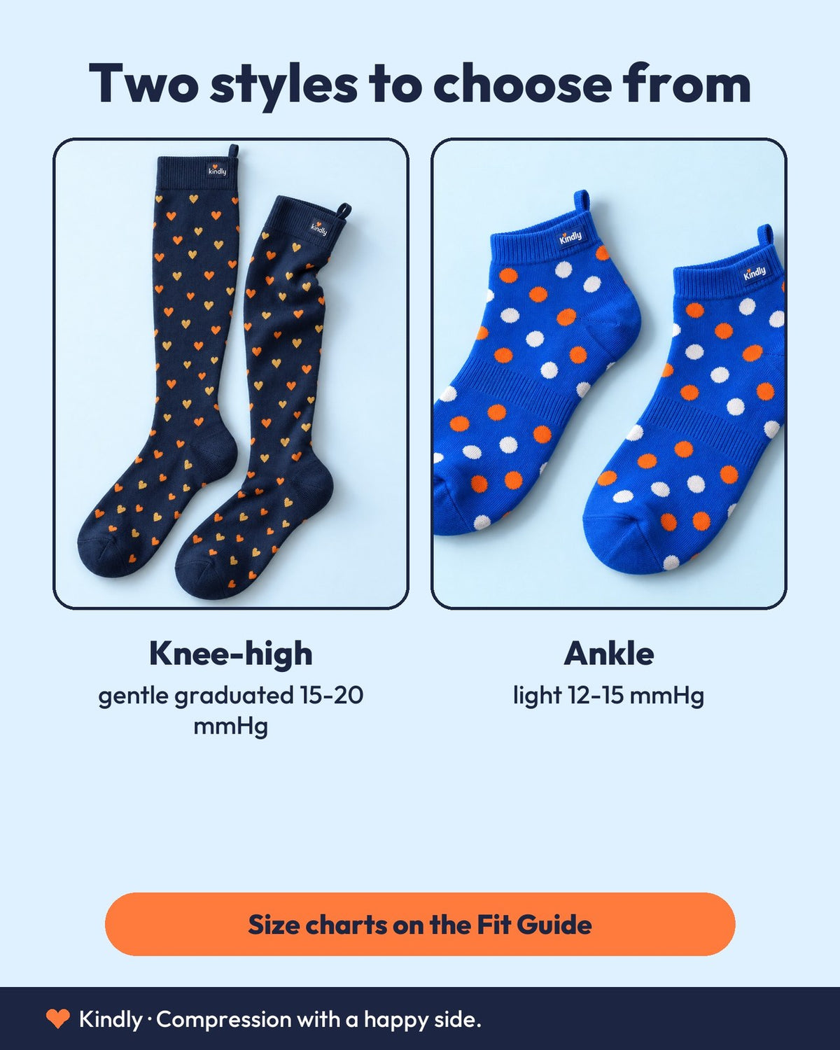 Two styles to choose from: Knee-high: gentle graduated 15-20 mmHg; Ankle: light 12-15 mmHg; Size charts on the Fit Guide