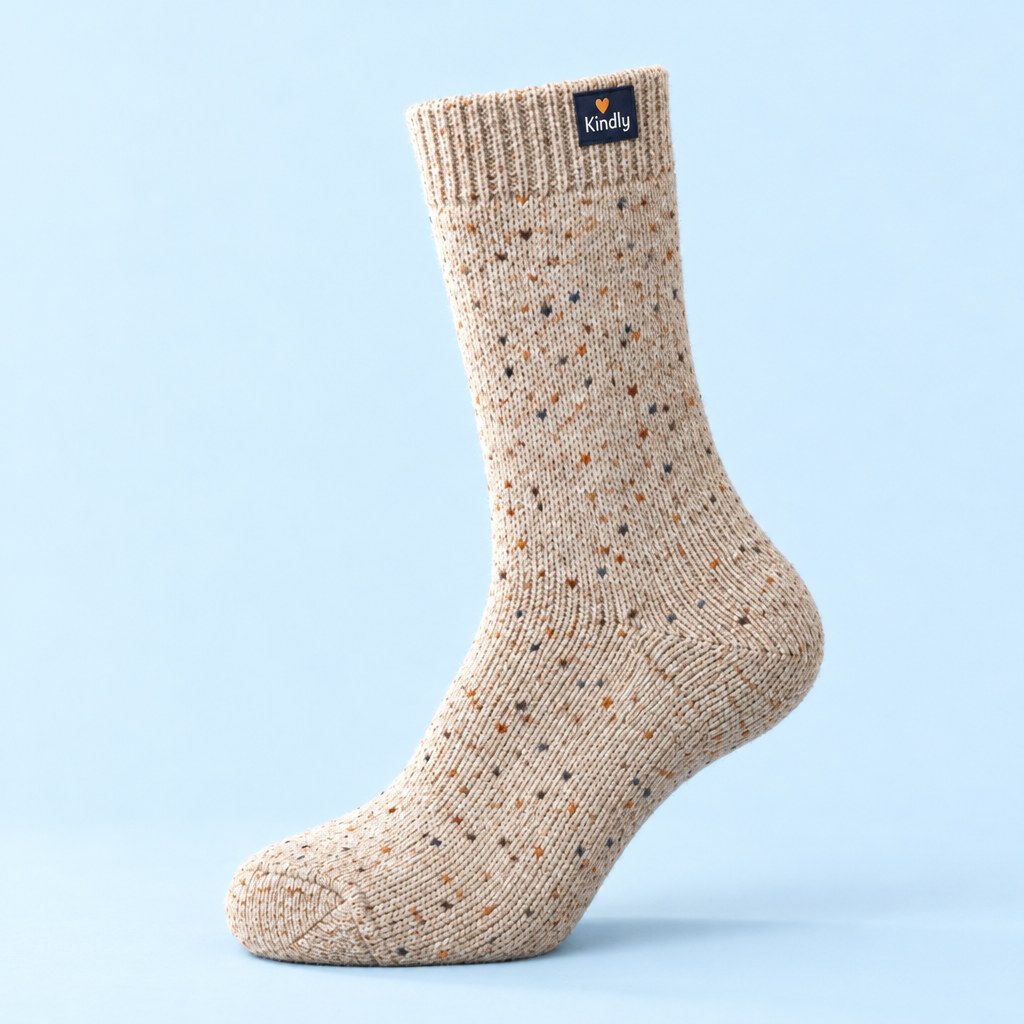 Studio product photo: a single Kindly Toasty Crew merino crew sock in oatmeal heather standing on an invisible form (ghost mannequin), ends mid-calf, chunky soft knit, cushioned sole