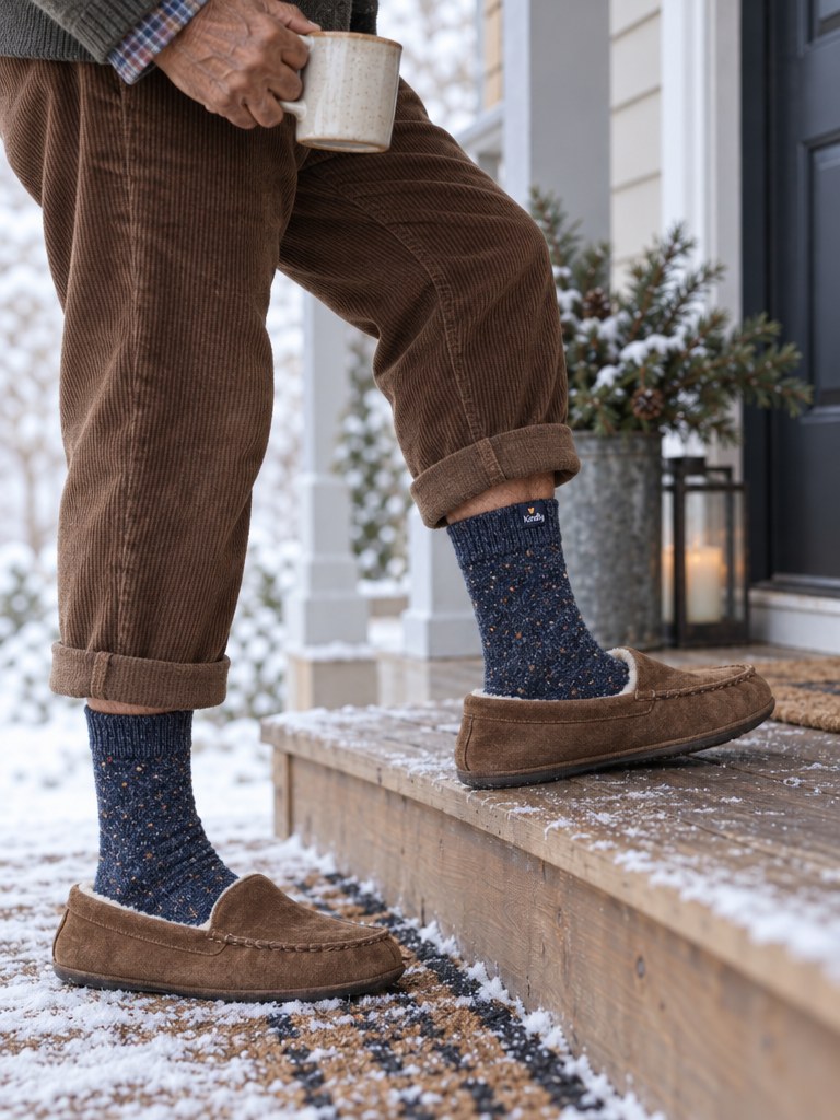 Older man in Navy Heather Kindly Toasty Crew socks and suede slippers stepping onto a porch with a mug