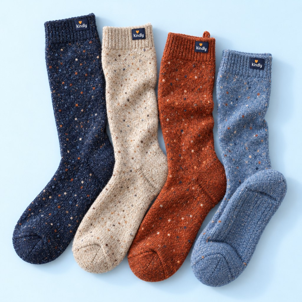 Studio product photo: the four colours of the Kindly Toasty Crew merino crew socks (navy heather, oatmeal, rust, sky heather) laid side by side, crew length ending mid-calf